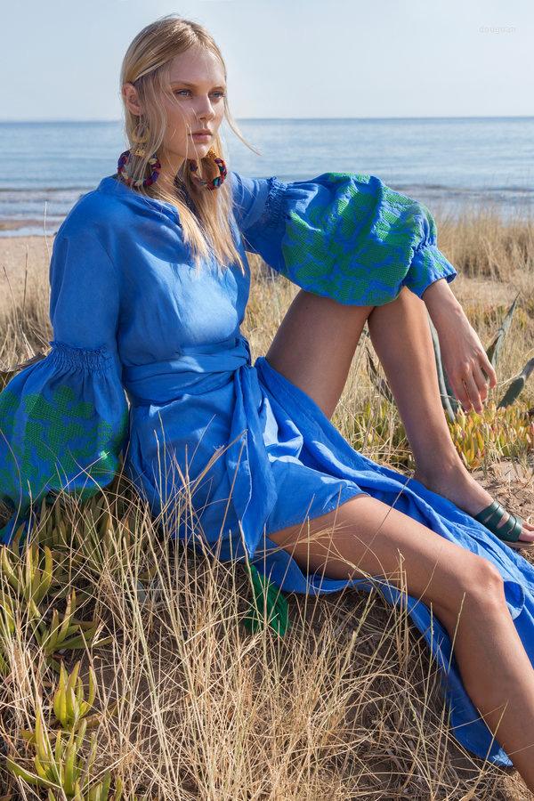 

Casual Dresses Maxi Dress Lantern Sleeve Elegant Chic Cotton Gothic Women' Embroidery Split Vestidos De Fiesta, Blue