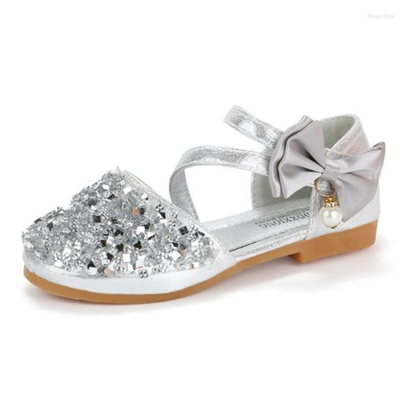 

Flat Shoes Kids Leather 2022 Girls Butterfly Knot Casual Glitter Princess Party Baby Soft Sole Non-slip Size 21-36, Gold