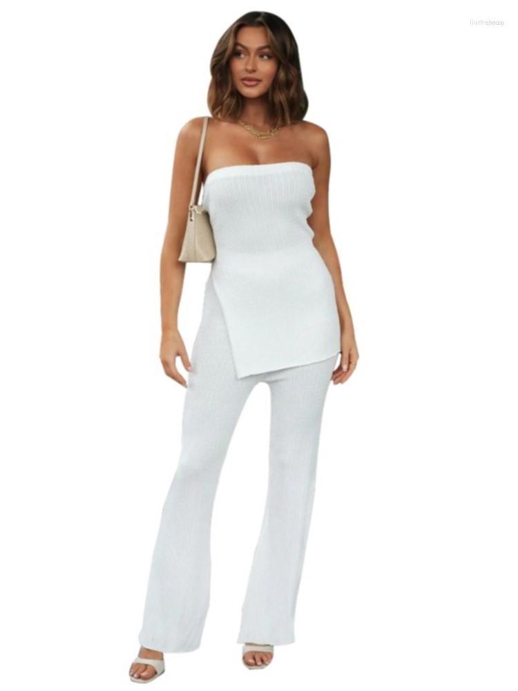 

Women' Two Piece Pants Women' 2 Pant Sets Suits Women Strapless Split Tops And High Waist Trousers Matching Set 2022 Solid Fashion, Black