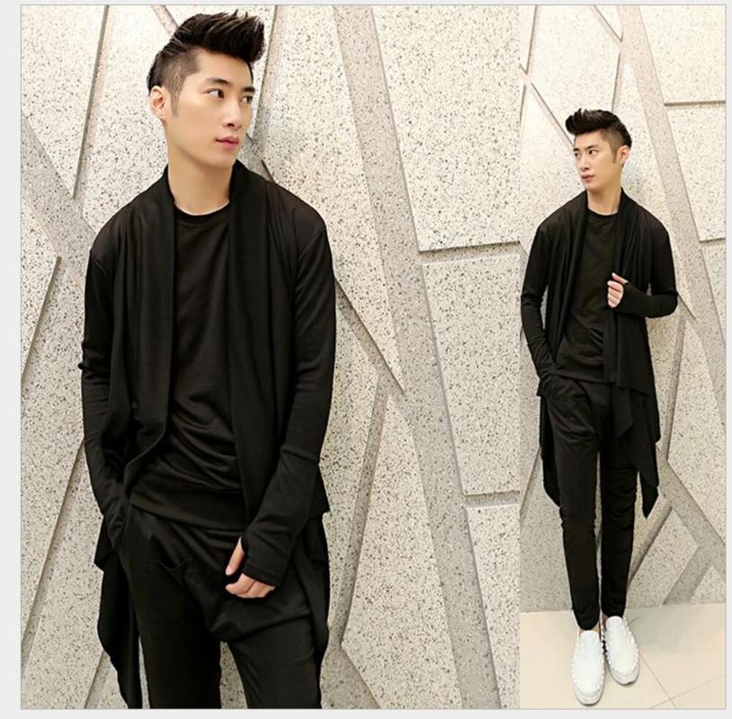 

Men's Casual Shirts -4xl Autumn Korean Men's Long-sleeved Shirt Shawl Collar Door Long Loose Cardigan Singer Costumes Plus Size, Black
