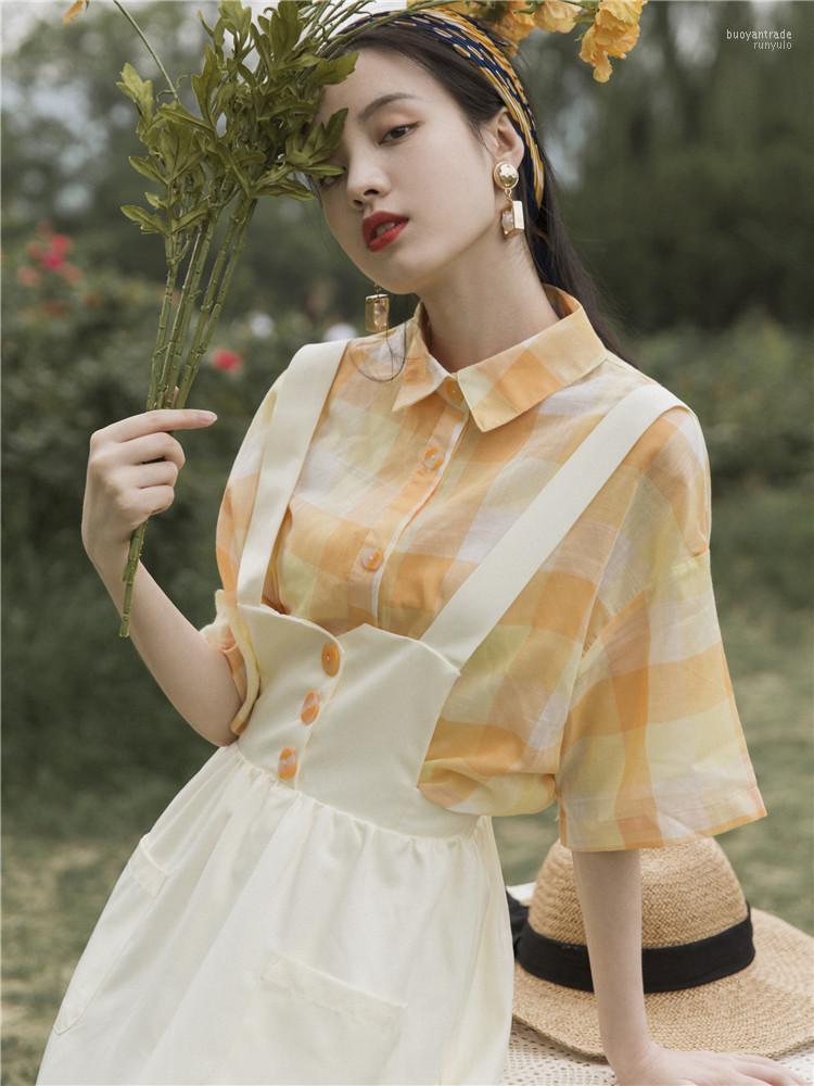 

Casual Dresses Women French Retro Strap Dress Summer 2022Temperament Square Collar Plaid Literary Shirt Top And Solid Color All-match Set, Photo color set