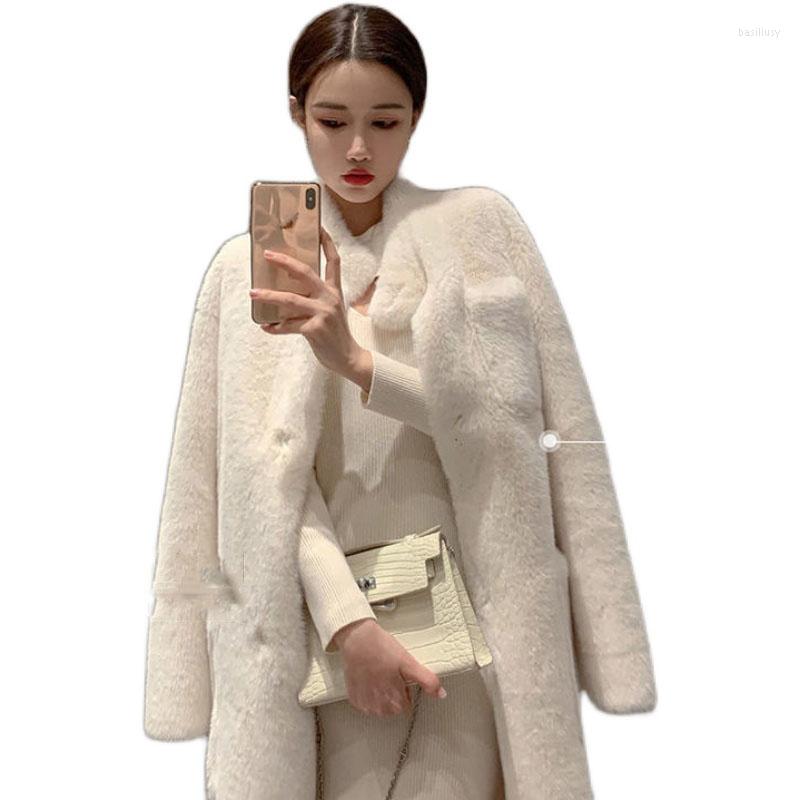 

Women' Fur Women Winter Elegant All-match Loose Mid-length Thickened One Body 2022 Lady Temperament Imitation Lamb Coat 951, Beige