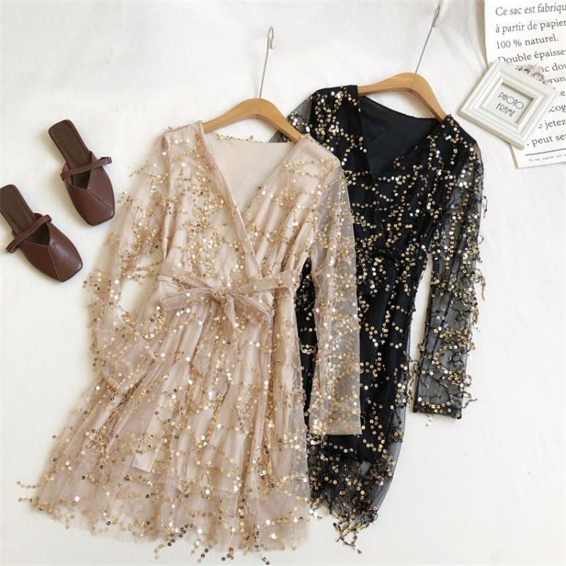 

Casual Dresses 2022 Summer Women Bling Sparkling Sequins Lace Dress Big Size Elegant Lady Tassel Party Vestidos Tube Top WZ1754, Black
