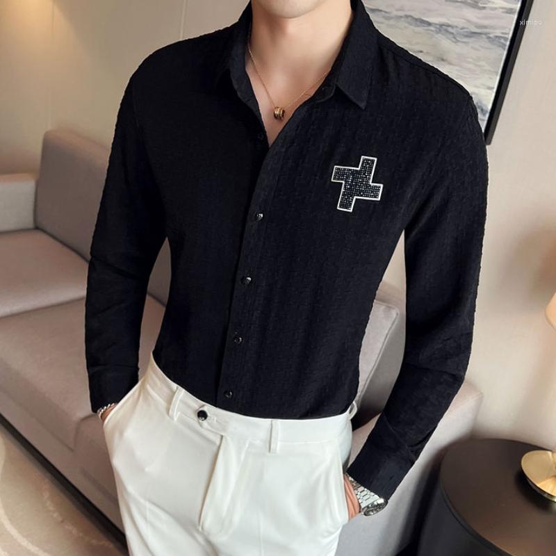 

Men's Casual Shirts 2022 Autumn Fashion Rhinestones Men's Shirt Long Sleeve Slim Streetwear Business Dress Blouse, Black