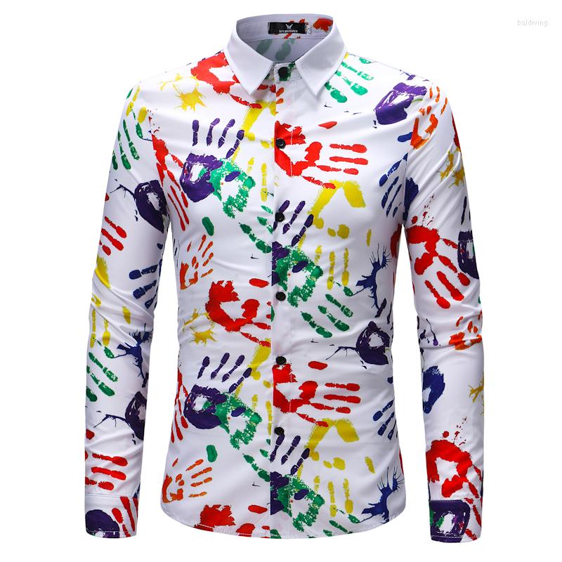 

Men's Casual Shirts 2022 White Handprint Long-Sleeved Shirt Men Fashion Single Breasted Lapel Camisa/Chemise S-3XL