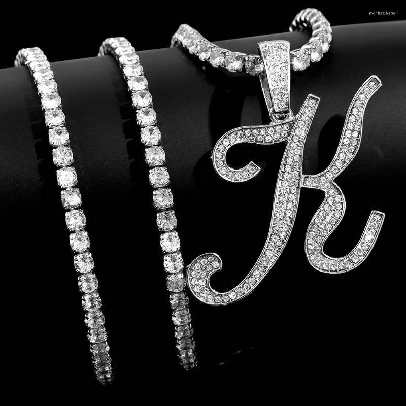 

Chains Hip Hop Bling Crystal A-Z Cursive Letter Pendant Zircon Necklace For Women Luxury Paved CZ Tennis Chain Trendy Jewelry