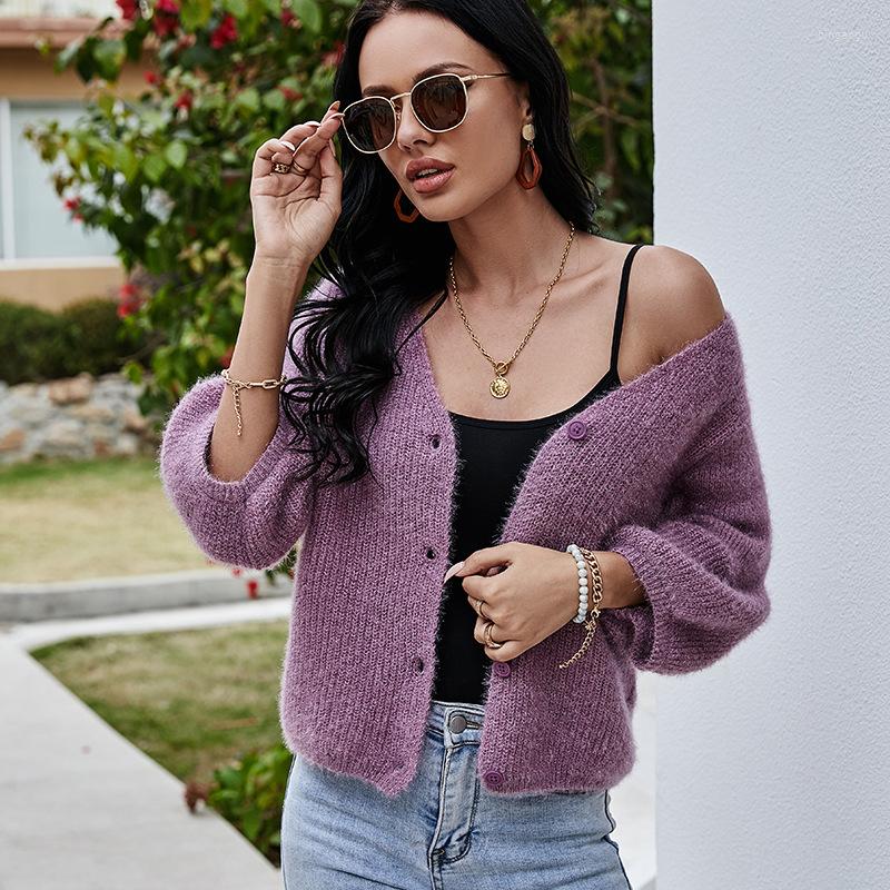 

Women' Knits V-neck Solid Loose Knit Cardigan Lantern Three-quarter Sleeve Women' Short Knitted Sweater Cropped, Purple