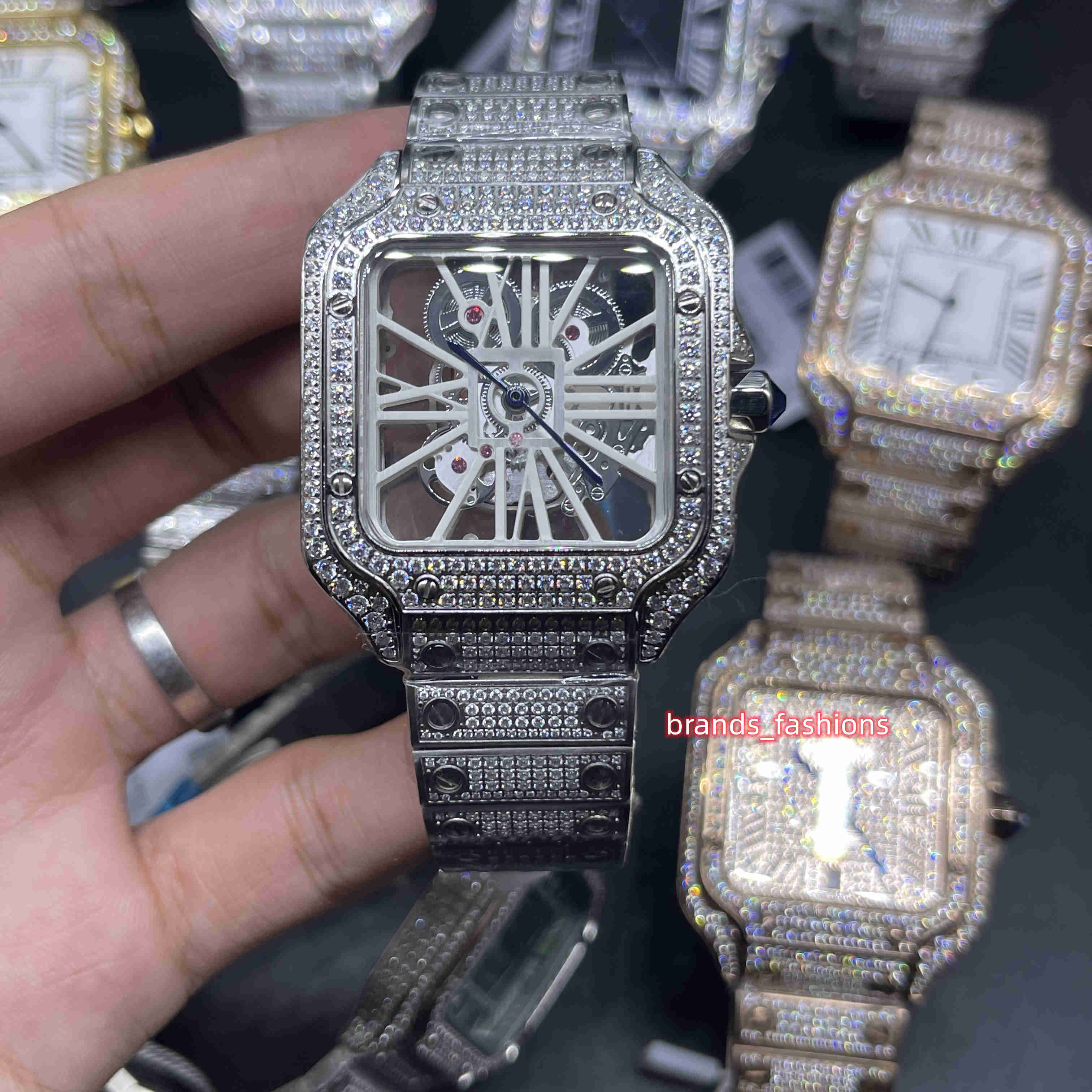 

Men's New Ice diamonds watch skeleton see-through dial watch silver stainless steel case watches quartz movement