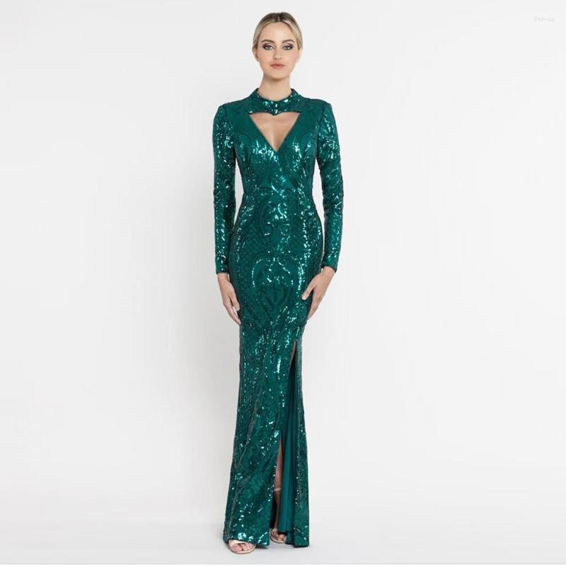 

Casual Dresses Sweetheart Halter Green Sequined Maxi Dress Hollow Out Full Sleeved Split Side Stretch Night Party Long, Picture shown