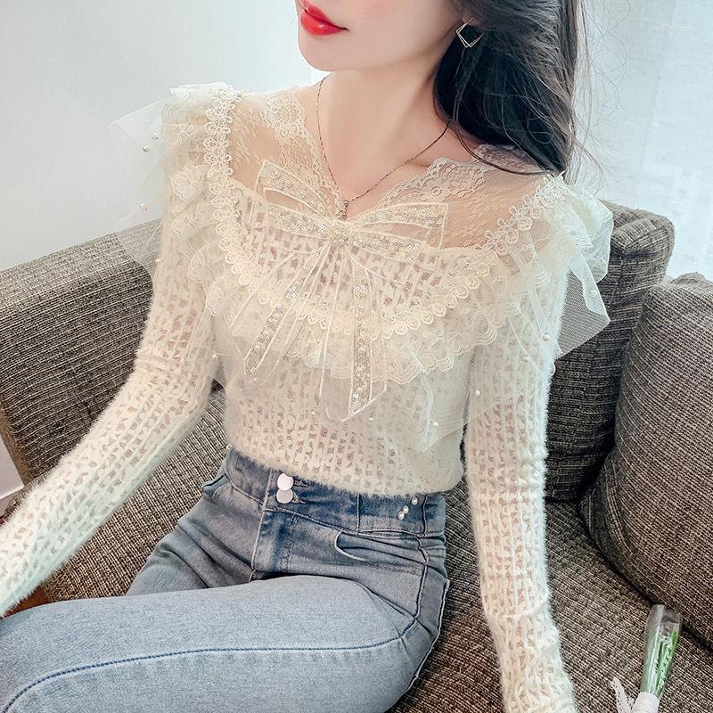

Women's Blouses Women Sexy Lace Patchwork Hollow Out Shirt Long Sleeve V Neck Bow Design Top 2022 Spring Fashion White Vintage Shirts J180, Xing