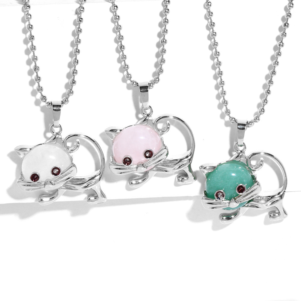 

Animal Cat Pendant Necklaces Women Fashion Design Natural Stone Quartz Tiger Eye Amethyst Green Turquoise Opal Malachite Black Onyx Gemstone Silver Chain Jewlery