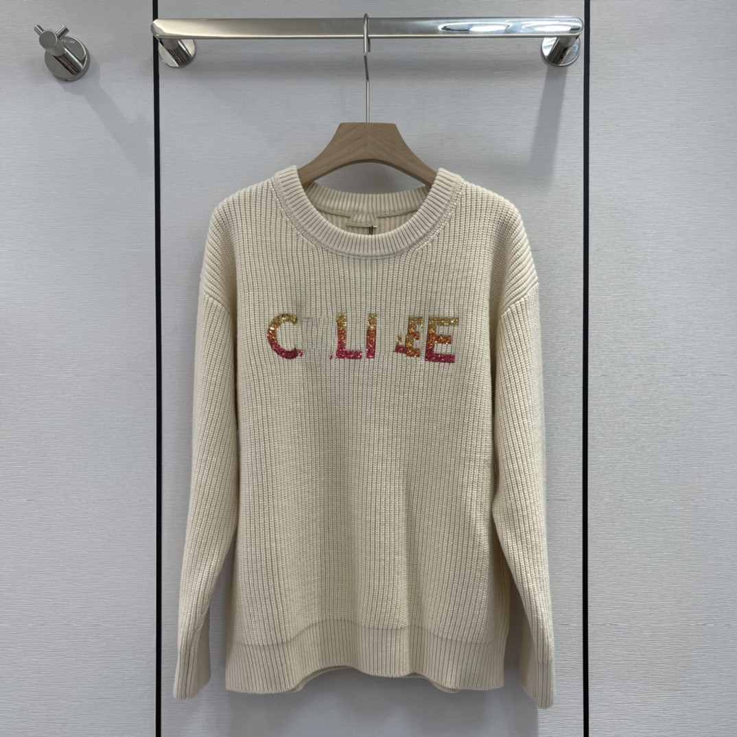 

Women's Sweaters 2022 European Designer Designs Early Autumn New Gradual Sequins Embroidery Rib Wool Crew Neck Sweater, Black