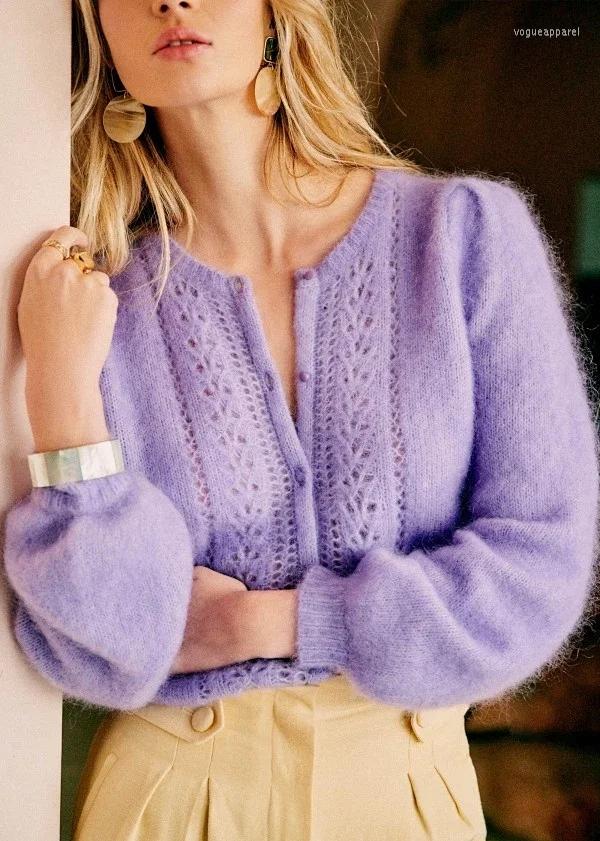 

Women' Knits 2022 Spring Trendy Design French Elegance O Neck Long Sleeve Hollow Out Single Breasted Mohair Knitting Cardigans Women, Green