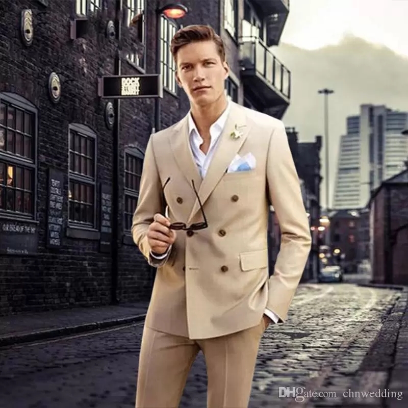 

2022 Khaki Men Suits Wedding Tuxedos with Double Breasted 2 Pieces Jacket Pants Bridesmaid Suits Best Man Blazer, Black