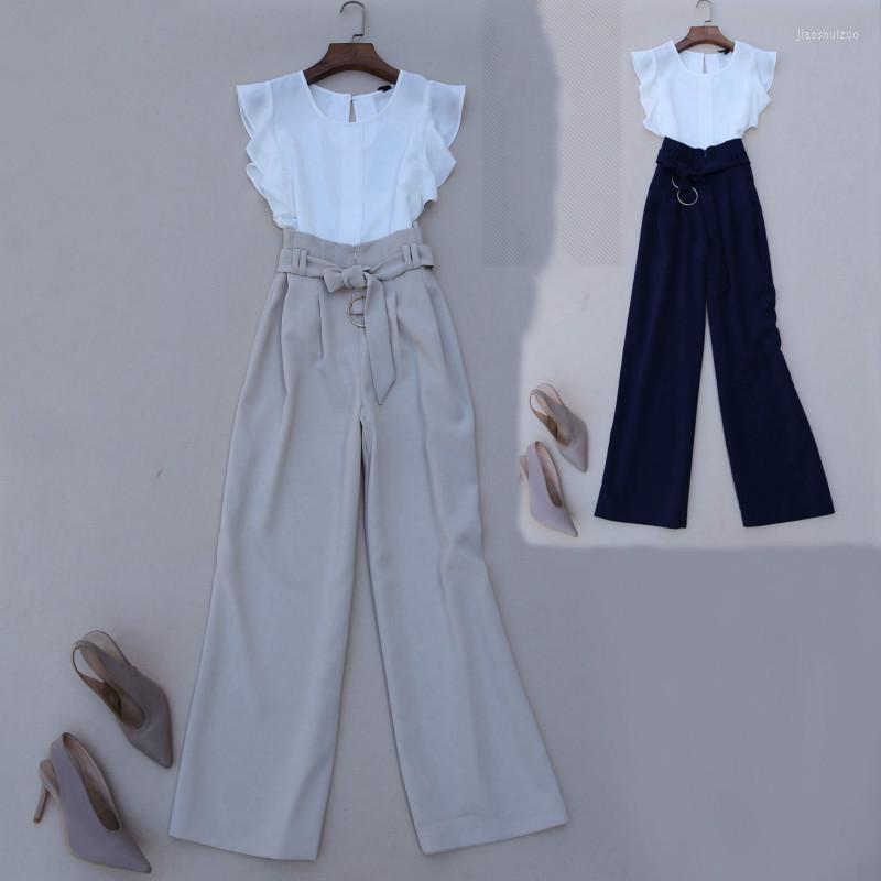 

Women' Two Piece Pants 2 Set Women Fashion Suit Temperament Commuter Lotus Leaf Sleeve Chiffon Shirt High Waist Wide Leg Women