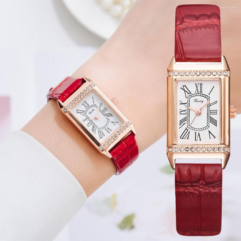 

Wristwatches Gaiety Brand Diamond Watches Women Square Rose Gold Wrist Red Leather Fashion Ladies Quartz Clock Montre Femme, A red