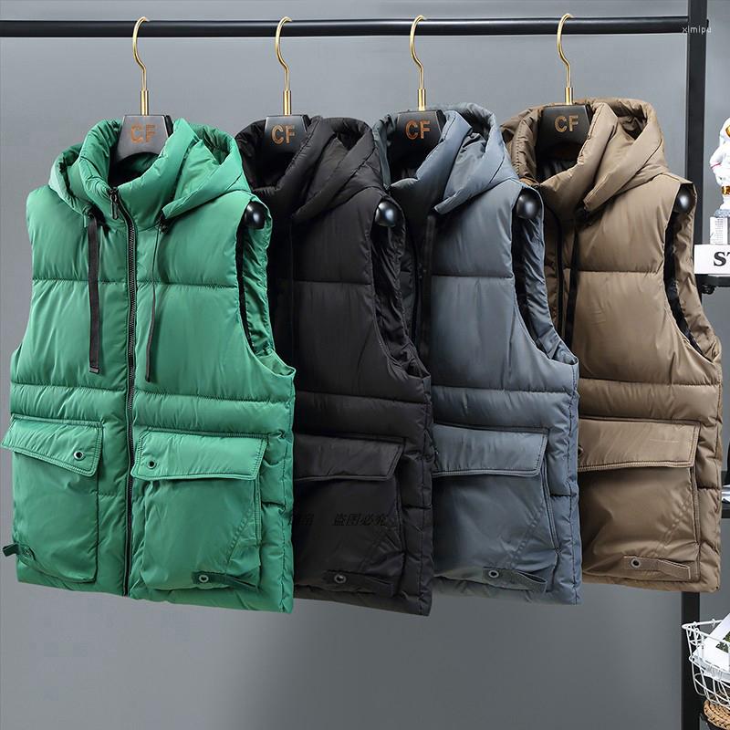 

Men's Vests Fashion Men Jacket Vest Sleeveless Down Cotton Thick Hooded Coats Male Work Waistcoat Warm Winter, White 516