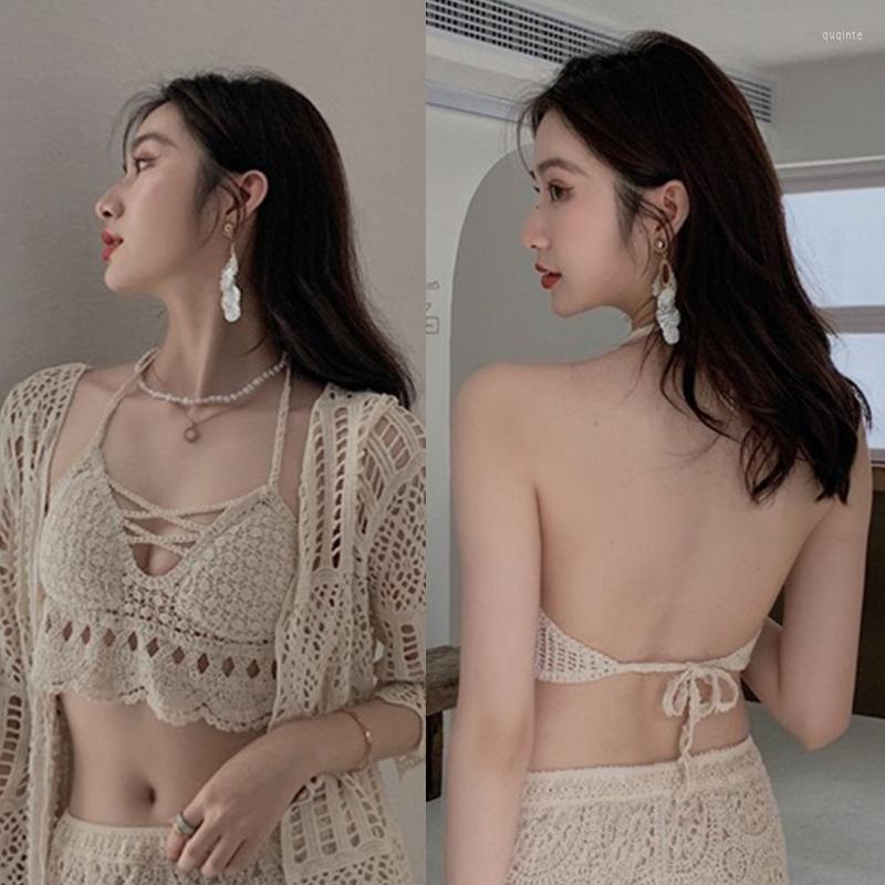 

Women's Tanks Women Crochet Strappy Halter Bikini Bra Hollow Out Diamond Knit Beach Crop Top, Apricot
