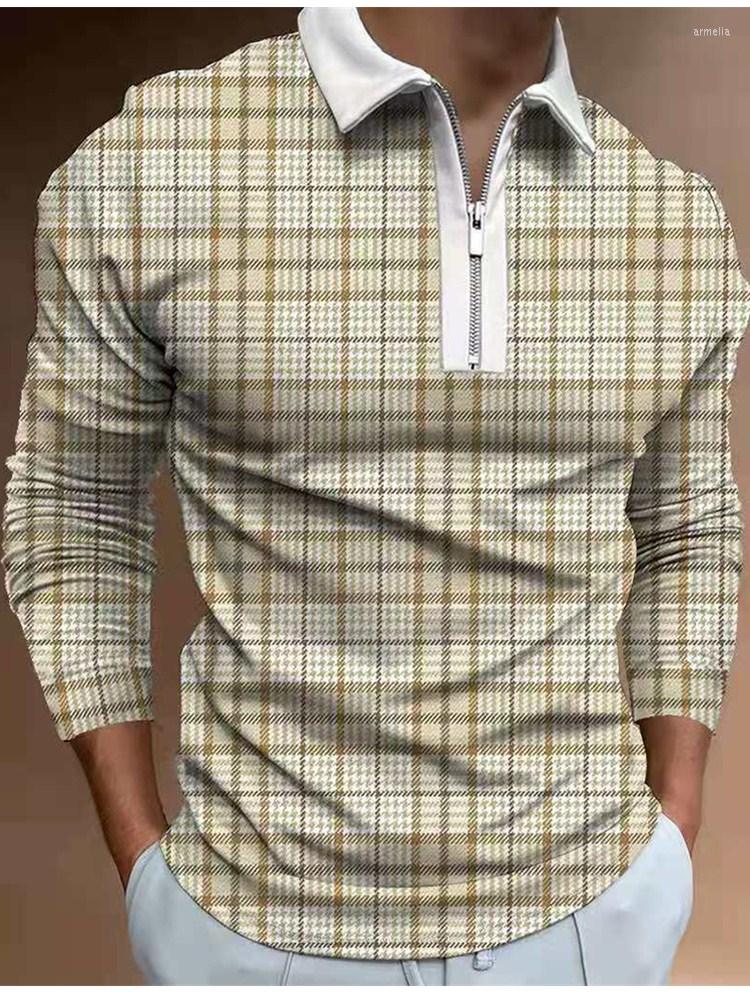 

Men' Polos Autumn Retro Plaid Printed Polo Shirt Long Sleeve Lapel Zipper Decorated Casual Fashion Slim Wholesale, Dxpls-5