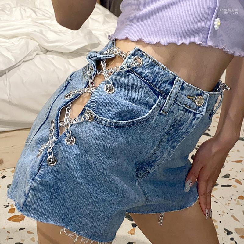 

Women' Jeans Women' Casual Metal Chains Split Zipper Ripped Mom Short Feminino High Waist Summer Pockets Denim Shorts Women