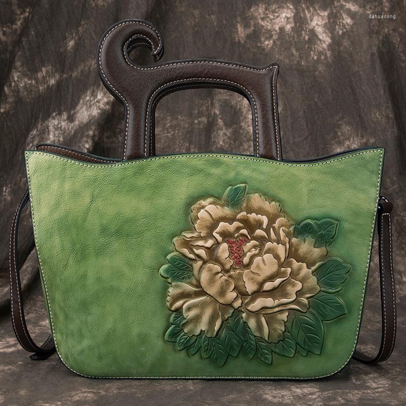 

Evening Bags Johnature 2022 Hand Painted Vintage Genuine Leather Women Handbag Large Capacity Casual Tote Leisure Shoulder Messenger Bag, Green