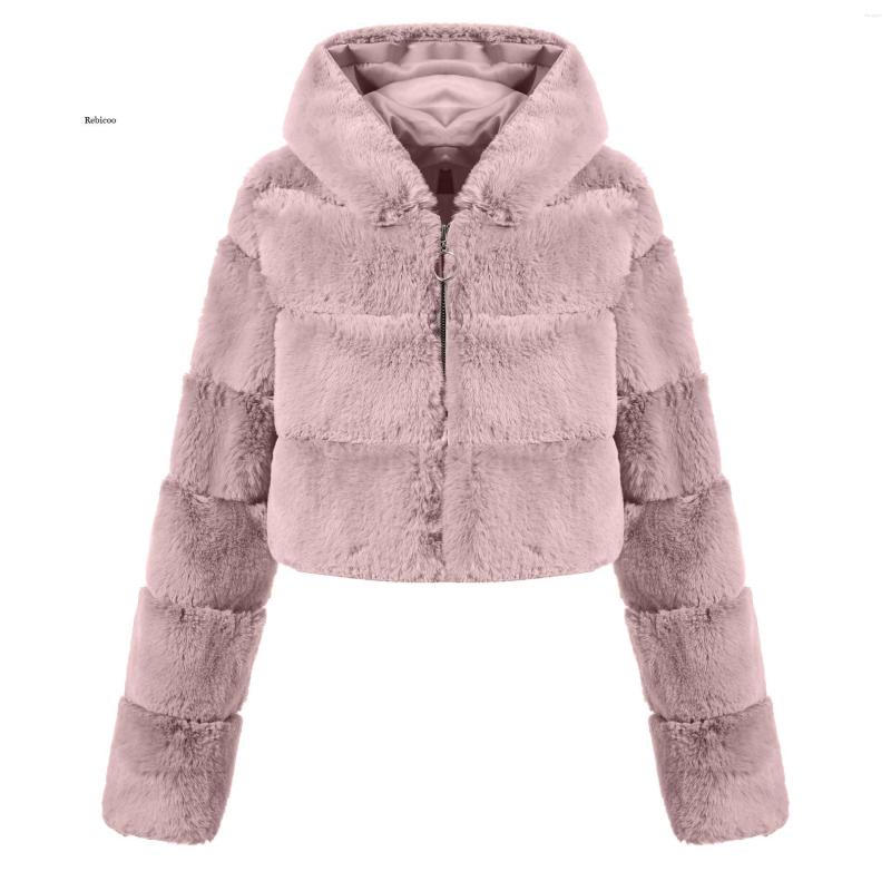 

Women's Fur Winter Luxury Short Black Faux Mink Coat Women With Hood Long Sleeve Thick Warm Fluffy Furry Jacket, White