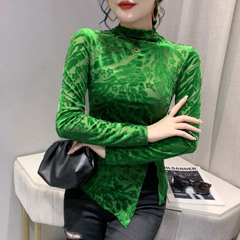 

Women' T Shirts Black Green Shirt Women Long Sleeve Perspective Female Vintage Printed Short Femme Split Sexy