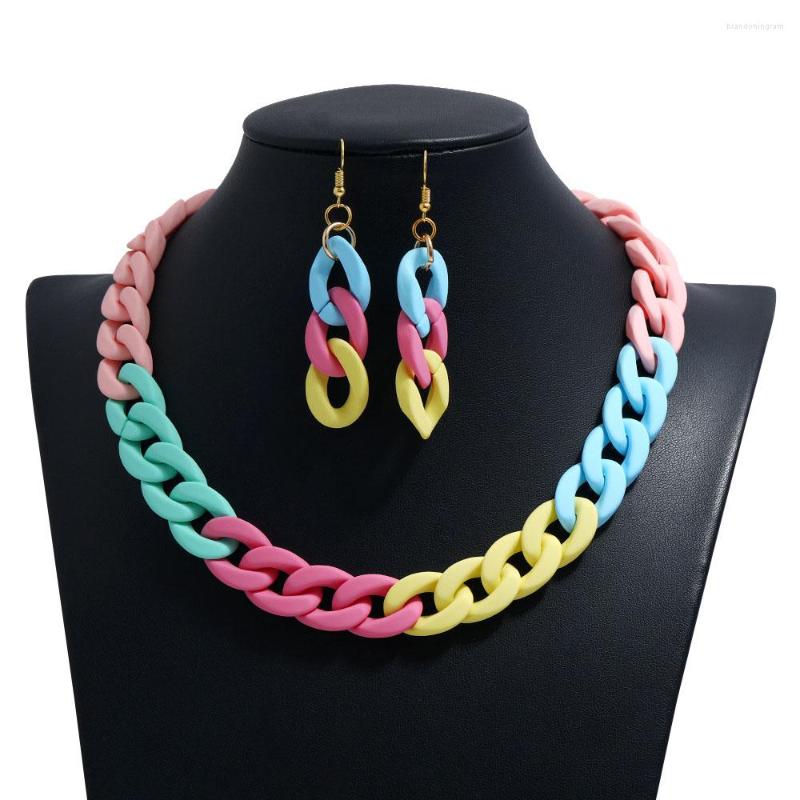 

Necklace Earrings Set Fashion Women Candy Color Acrylic Mix Colors Chain Statement Long Hanging For Party Holiday, Picture shown
