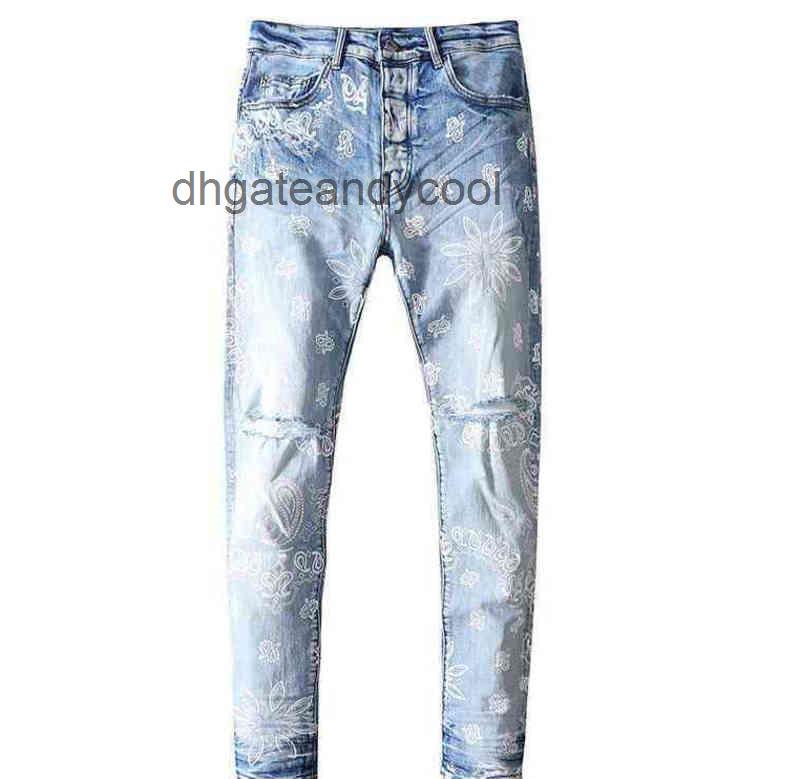 

Mens Jeans Designer Jean Pants amirs mens jean pants 2022 Jean Wash Water Blue Cashew Blossom Elastic Slim Fit Printed Small Leg, Light blue