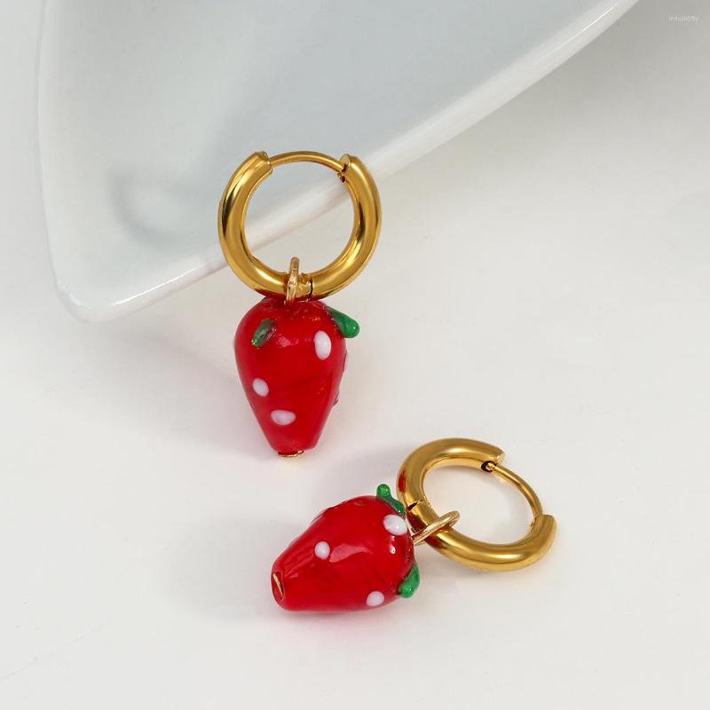 

Hoop Earrings AENSOA Sweet Fresh Red Color Strawberry For Women Girls Korean Cute Ceramics Fruit Pendant Trendy Jewelry