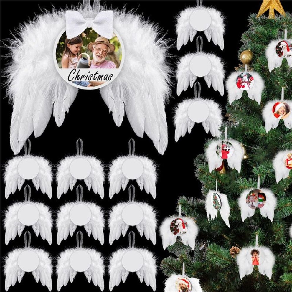 

UPS Heat Transfer Angel Wings Ornament Christmas Decoration Feathers Pendant Round Aluminium sheet DIY Christmas Tree Hanging Tag