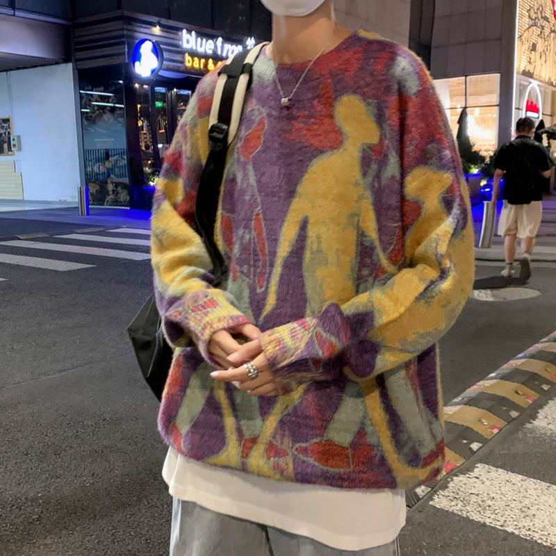 

Men' Sweaters Winter Printed Sweater Men Warm Fashion Casual Knitted Pullover Korean Loose Long Sleeve Mens Jumper Clothes -3XL, Purple