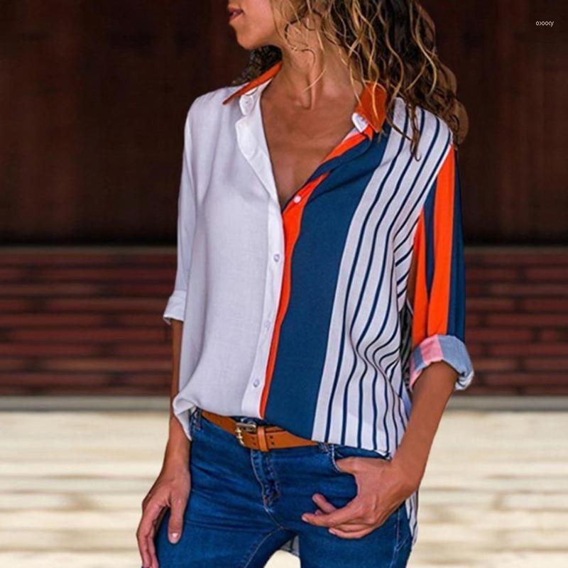 

Women's Blouses Women's & Shirts Women Striped Blouse Lapel V-neck Long Sleeve Patchwork Casual Tops Chiffon Shirt Plus Size Blusas, White