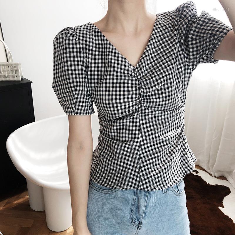 

Women' T Shirts Fashion Plaid Black Women Casual Tops Summer Puff Sleeves Good Quality Lady Tees Clothes Streetwear