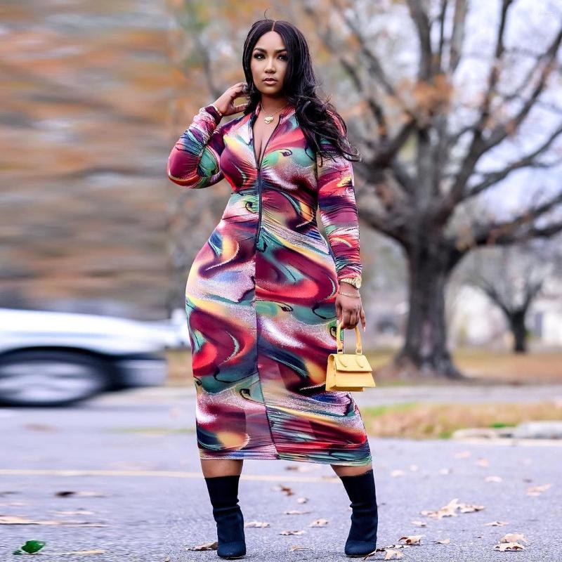 

Casual Dresses EWSFV 2022 Winter Women Style Long Skirt Fashion Sexy Printed Slim Zipper Sleeve Dress, Multicolor