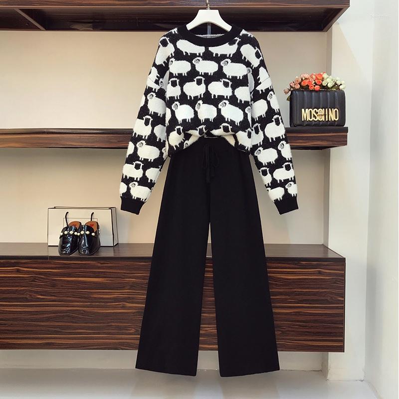 

Women's Two Piece Pants Cartoon Embroidery Sweater 2 Sets Woman's O-neck Knitted Pullover Wide Leg Tracksuits Vintage Suits Elegant, Coat pants suit