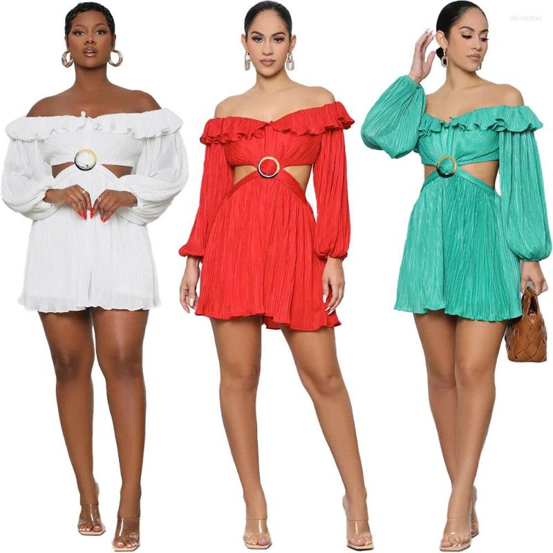 

Casual Dresses Solid Color Off The Shoulder Ruffles Hollow Out Waist Slim Fit Long Sleeve Summer Pleated Mini Short Dress Designer Clothing, Red