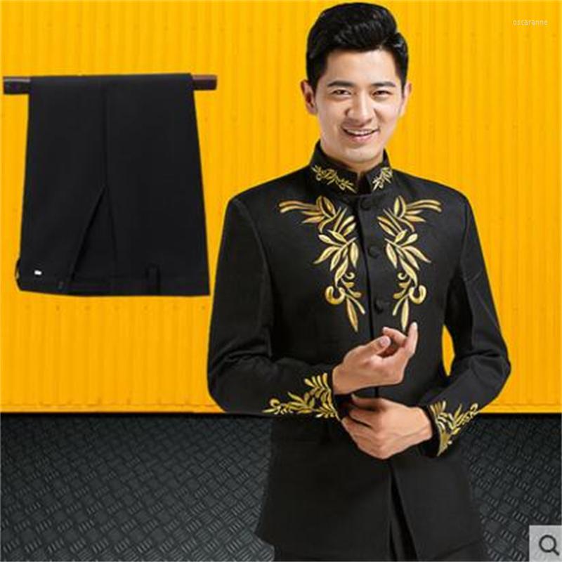 

Men' Suits Embroidery Blazer Men Chinese Tunic Suit Black Jacket Mens Stage Costumes For Singers Clothes Dance Star Style Dress B569