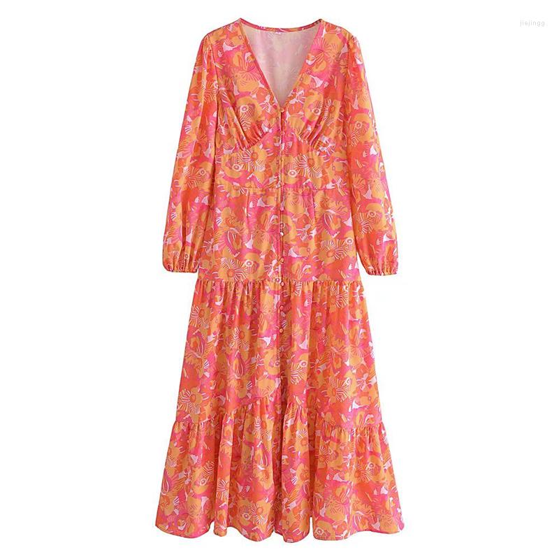 

Casual Dresses Spring 2022 Women Front Button Floral Print Long Dress Female V Neck High Waist A-line Ladies Maxi Vestido, Picture shown