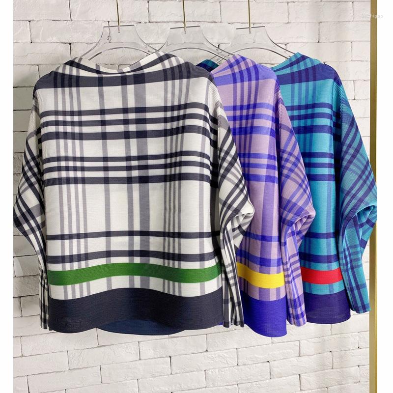 

Women's T Shirts Miyake Pleated Women's Plaid T-shirt Spring Style Loose Large Size Slim Bat Sleeve Meat-covering Top Trendy, Picture color