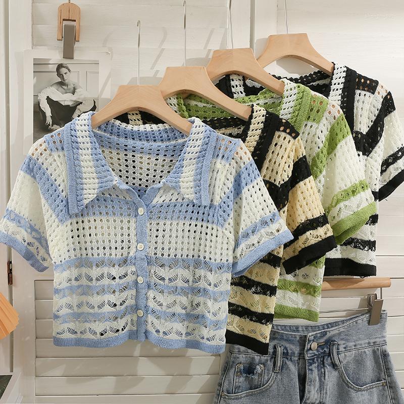 

Women's Blouses Elegant Short Sleeve Knit Shirt Vintage Stripe Print Korean Fashion Turn-down Collar Femme Blusas Summer Crop Tops Y2k, Blue
