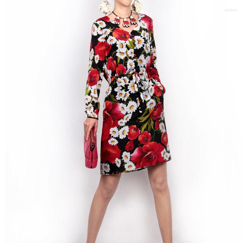

Casual Dresses 2022 Summer Autumn Women Long Sleeve Floral Print Dress Vestido Ladies Slim Fit Plus Size Flower Printing, Black polyester