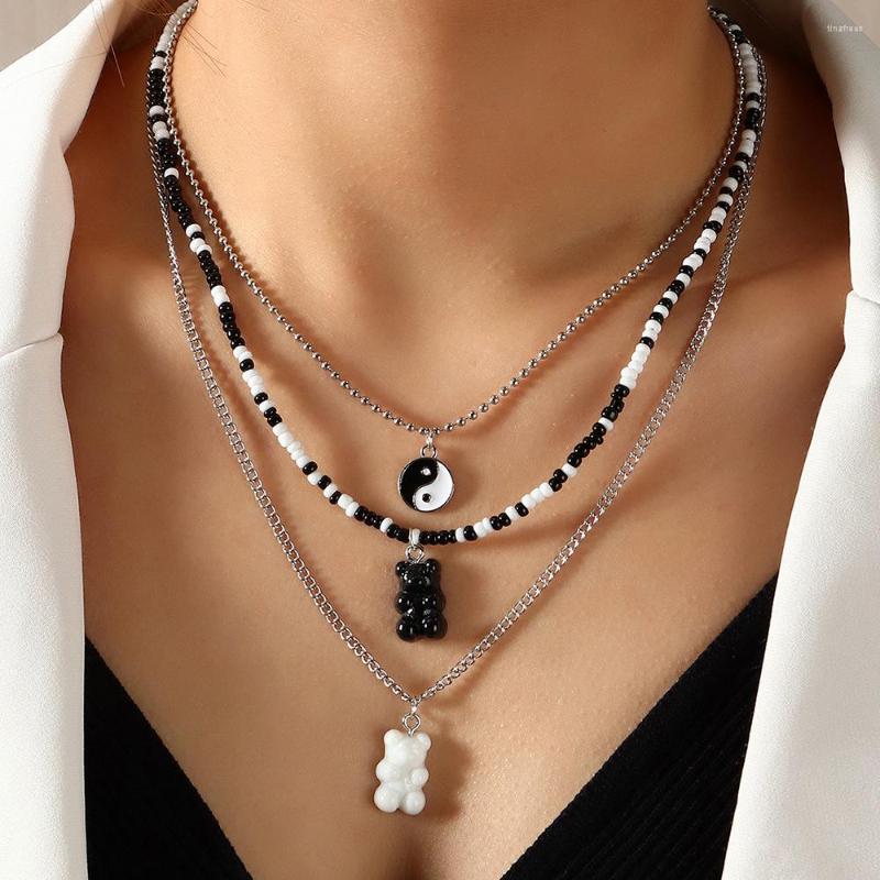 

Choker Fashion Black White Beads Multi-layers Round Pendant Necklace Boho Jewelry