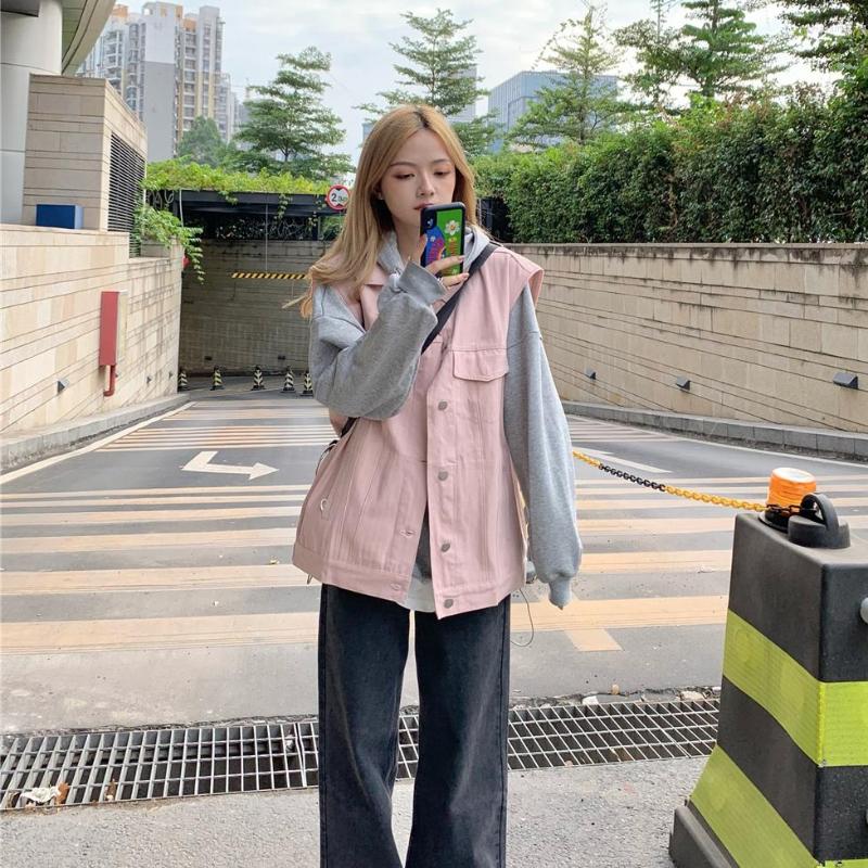 

Women' Vests 2022 Winter Korean Fashion Pink Loose BF Denim Vest Hoodies Pullover Casual Two Piece Set Suit For Women Sweatshirt, Pink vest