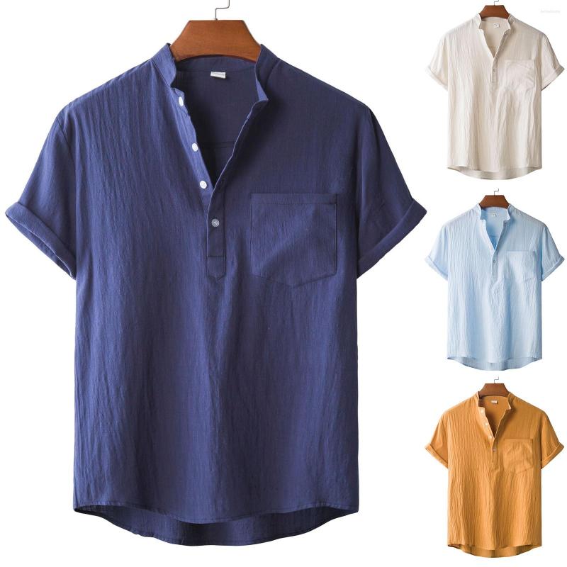 

Men's Casual Shirts Men's Summer Solid Shirt Fashion Brand Short Sleeve Stand Collar Daily Office Work Linen Cotton Loose Blouse Tops, Orange
