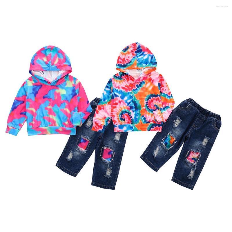

Clothing Sets 1-5Years Infant Kids Baby Girls Clothes Long Sleeve Colorful Tid Dye Tops Hoodie Ripped Hole Pants 2Pcs Outfits Spring Autumn
