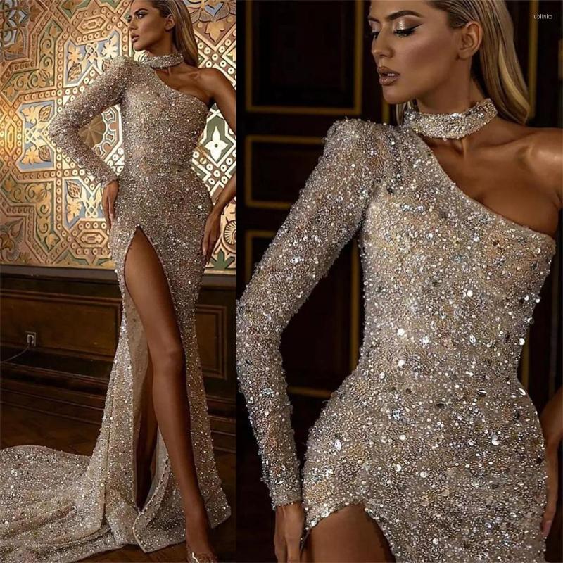 

Party Dresses Graceful Evening One Shoulder Sequins Halter Prom Gowns Custom Made Side Split Floor Length, Black