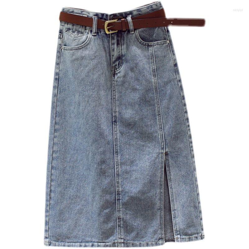 

Skirts High Waist Side Slit Denim Skirt Women 2022 Summer Jeans Female Fashion Loose Mid-Length Bag Hip Lady