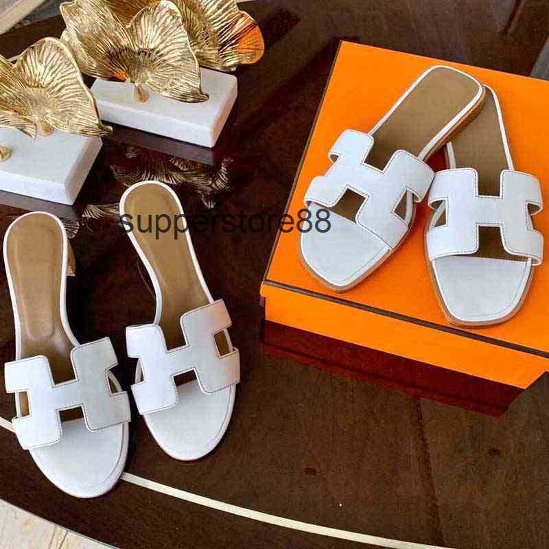 

Designer Fashion Herme Slippers Luxury Leather Ms Oram Spring and summer classic medium heel women's pure leather flat bottom h sandals high quality t have logo, Black (flat)