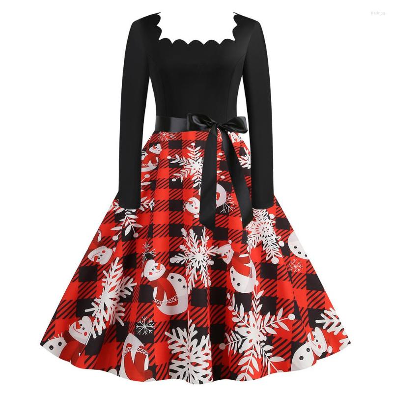 

Casual Dresses Retro Winter Christmas Costumes Women Party 2022 Vintage Pinup Long Sleeve Plaid Snowflakes Print Black Vestido -3XL, Petticoat red